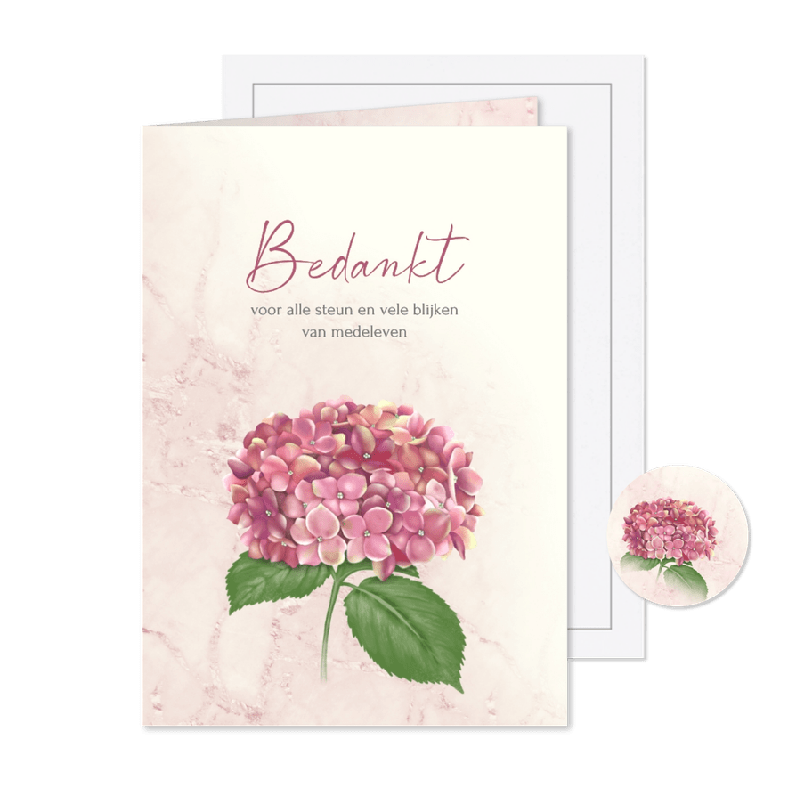 Rouw-bedankkaart hortensia roze - Kaartimpressie