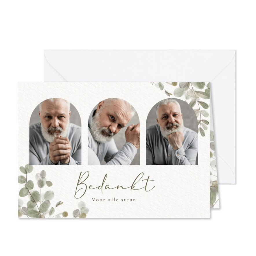 Rouw bedankkaart met groene eucalyptus takjes en foto's - Kaartimpressie
