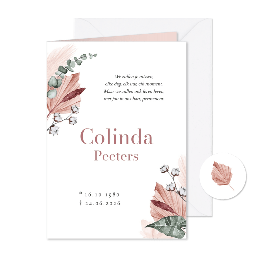 Rouwkaart afscheid droogbloemen roze eucalyptus - Kaartimpressie