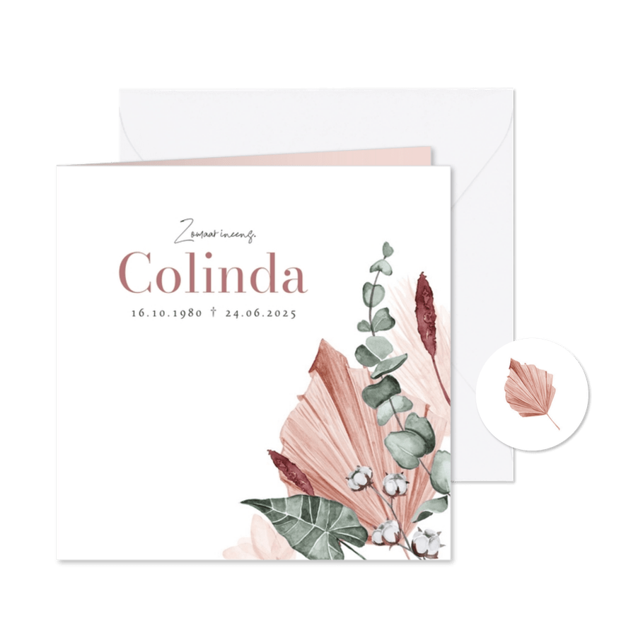 Rouwkaart afscheid uitnodiging droogbloemen roze eucalyptus - Kaartimpressie