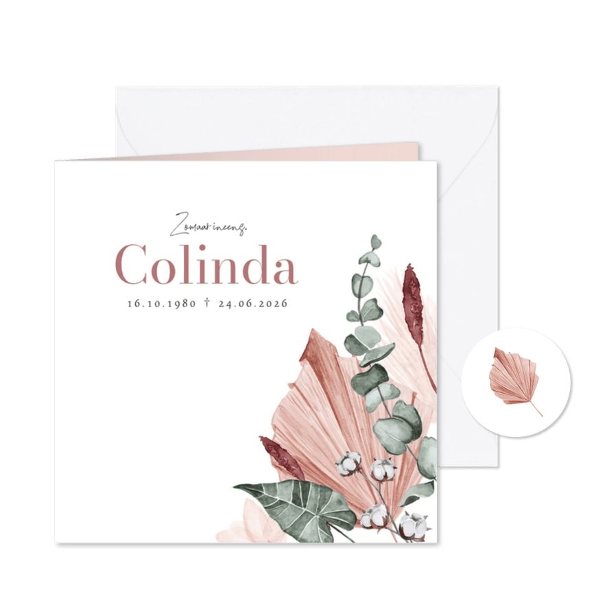 Rouwkaart afscheid uitnodiging droogbloemen roze eucalyptus - Kaartimpressie