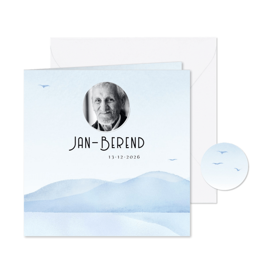Rouwkaart aquarel landschap met bergen, zee en vogels - Kaartimpressie