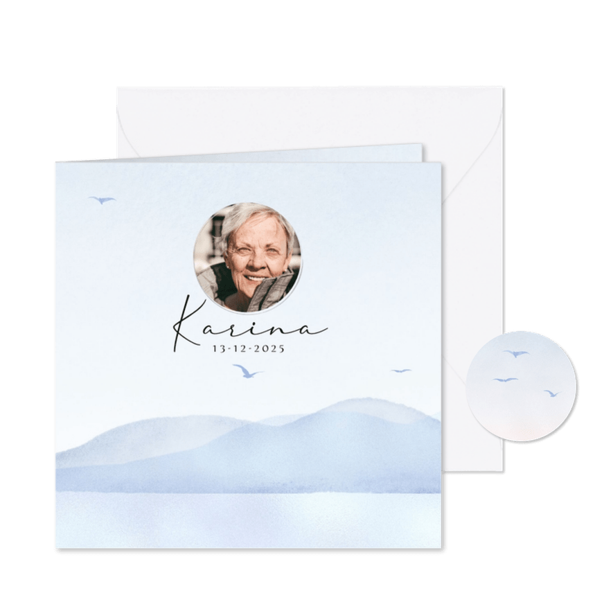 Rouwkaart aquarel landschappelijk met zee bergen en vogels - Kaartimpressie