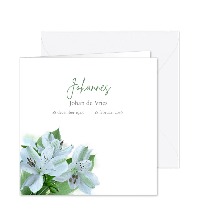 Rouwkaart, bedankkaart met witte Inca-lelies op waterverf - Kaartimpressie
