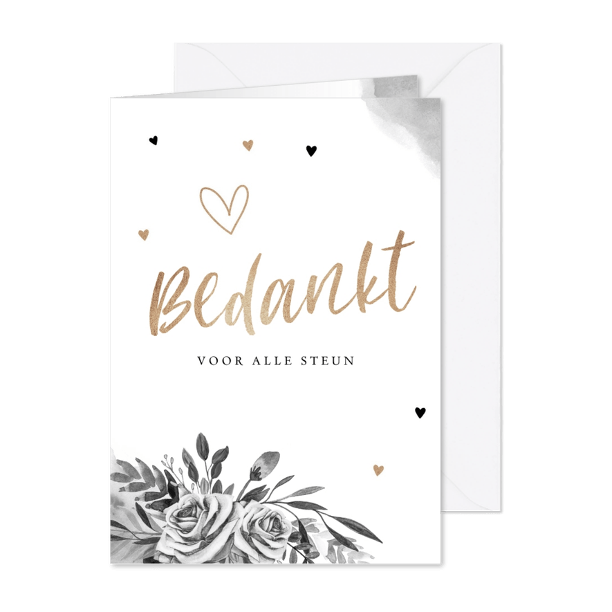 Rouwkaart bedankkaart stijlvol bloemen zwart wit goud - Kaartimpressie