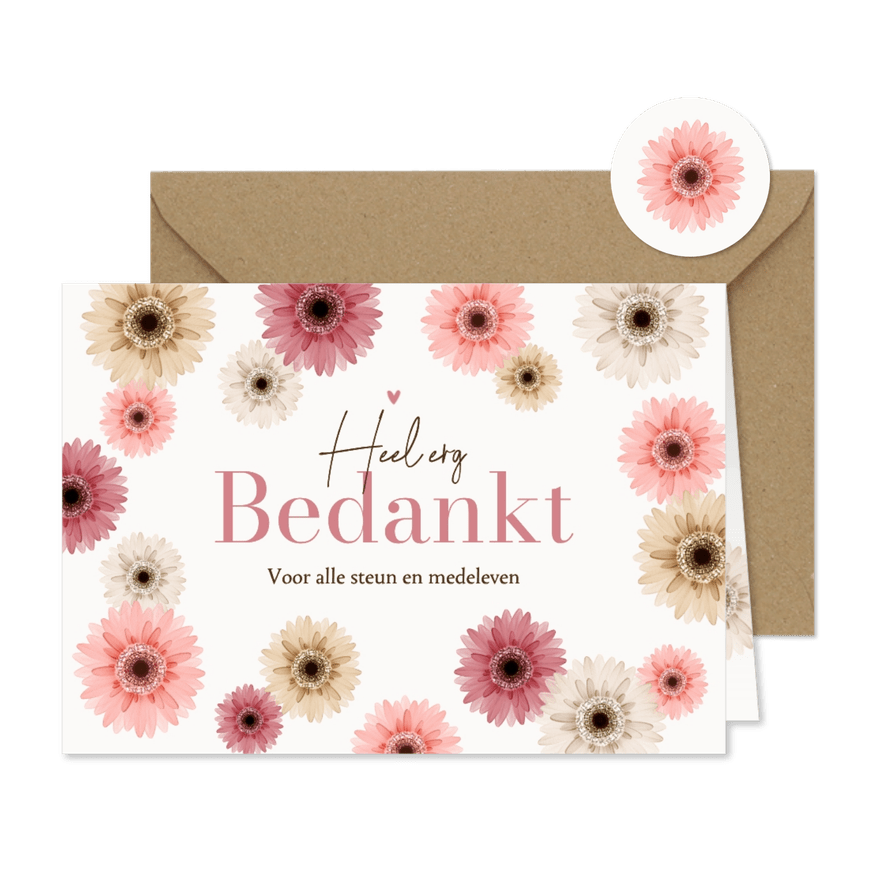 Rouwkaart bedankt gerbera bloemen kleurrijk stijlvol - Kaartimpressie