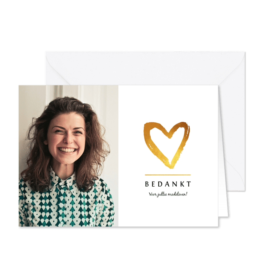 Rouwkaart bedankt met goudlook hart en foto - Kaartimpressie