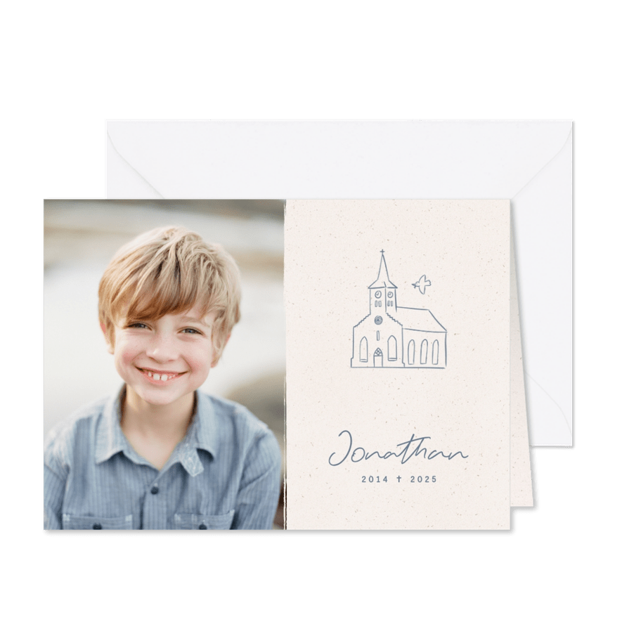 Rouwkaart bedankt met illustratie van kerkje en vredesduif - Kaartimpressie