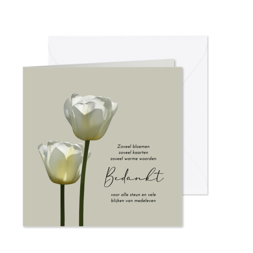 Rouwkaart bedankt met twee witte tulpen - Kaartimpressie