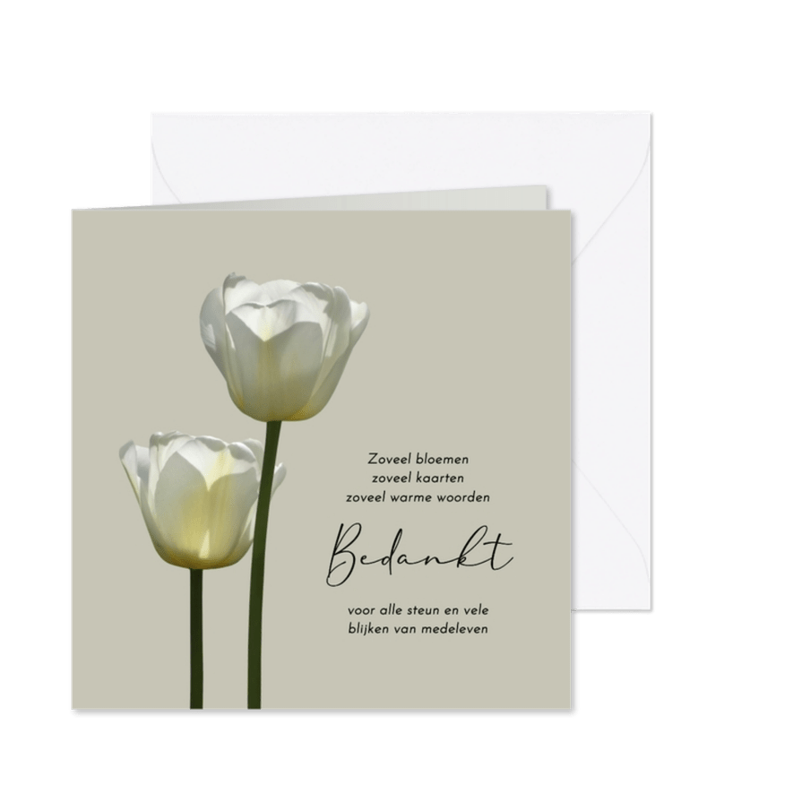 Rouwkaart bedankt met twee witte tulpen - Kaartimpressie