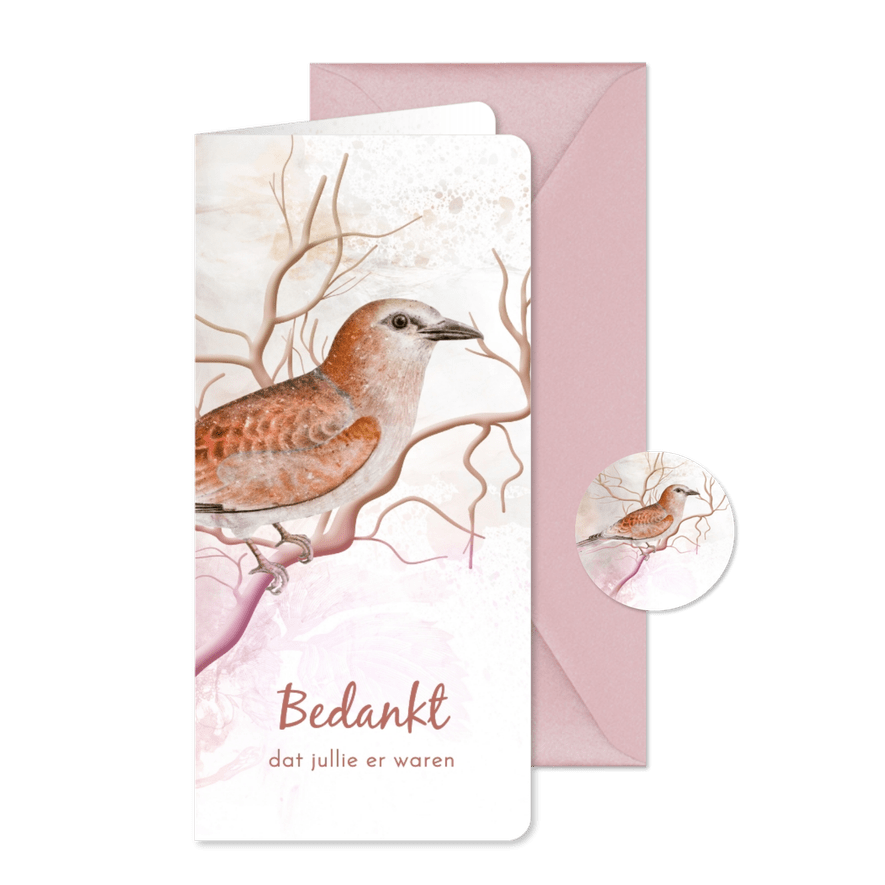 Rouwkaart bedankt tekening vogel op tak - Kaartimpressie