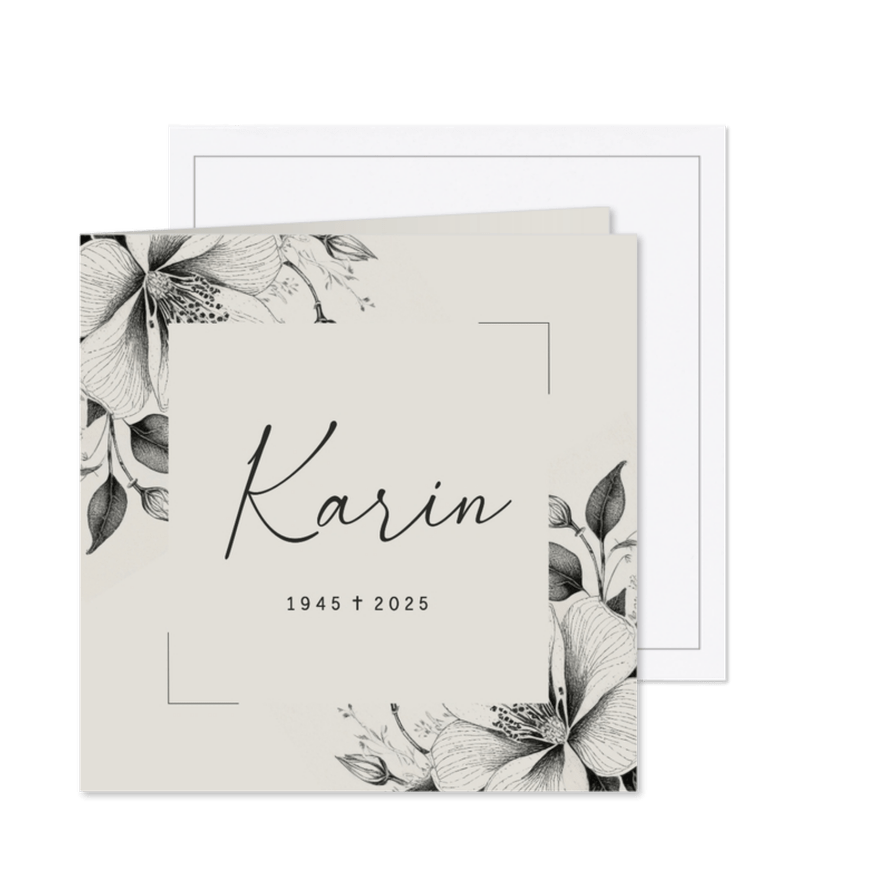Rouwkaart beige grijs met vintage bloemen en kader - Kaartimpressie