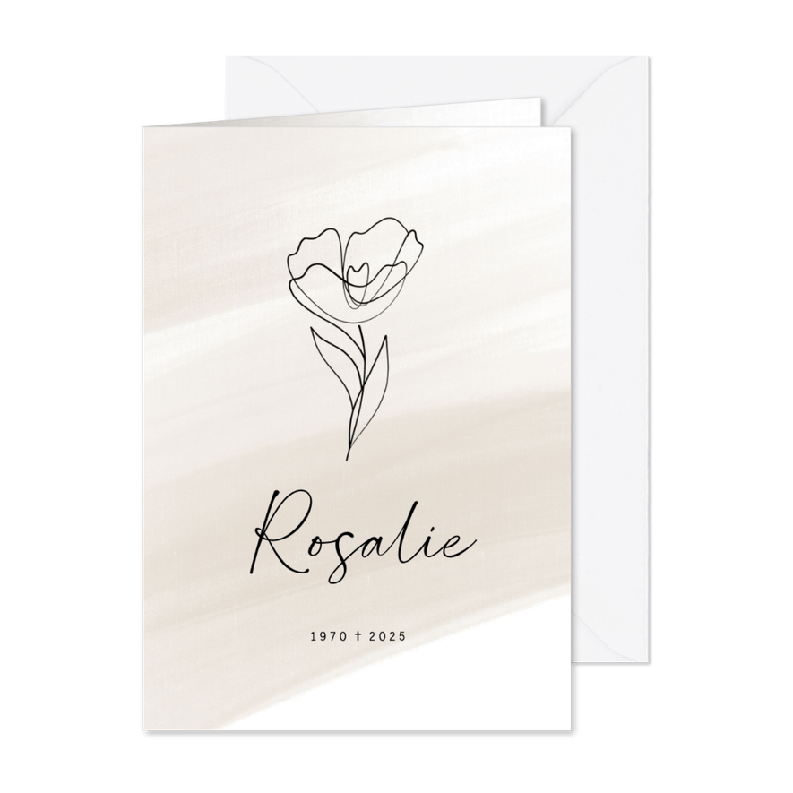 Rouwkaart beige waterverf met lijntekening van pioenroos - Kaartimpressie