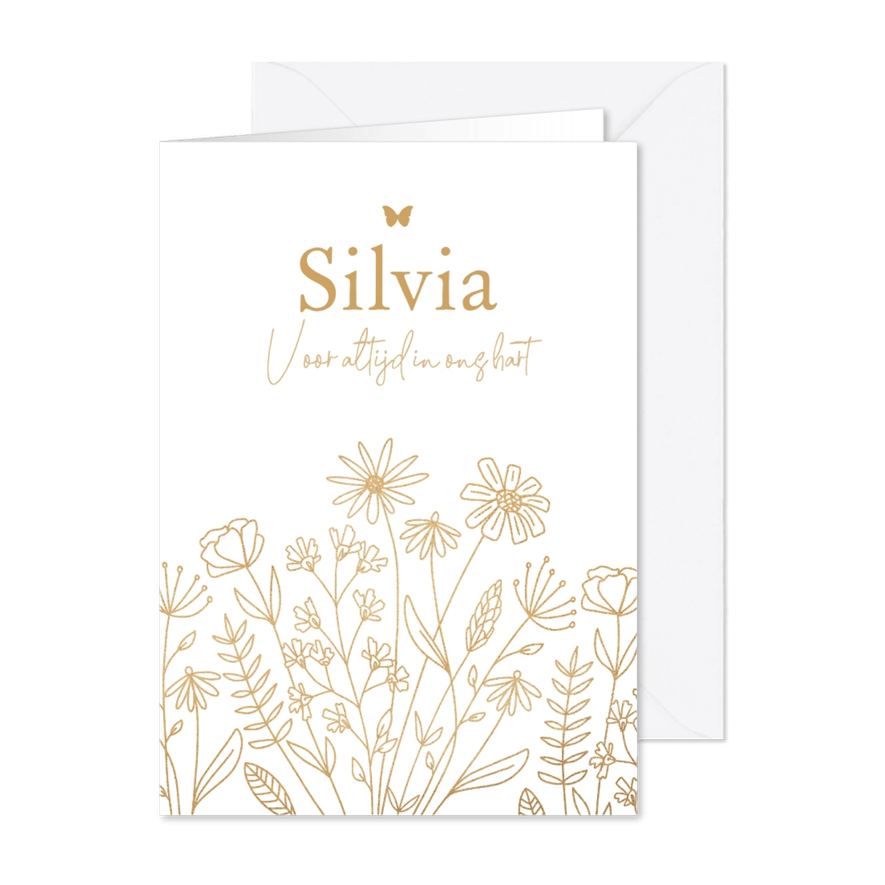 Rouwkaart bidprent veldbloemen goud line art vlinder - Kaartimpressie