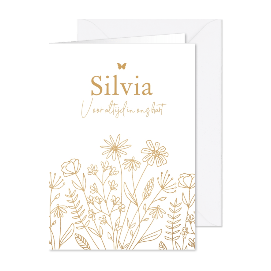 Rouwkaart bidprent veldbloemen goud line art vlinder - Kaartimpressie