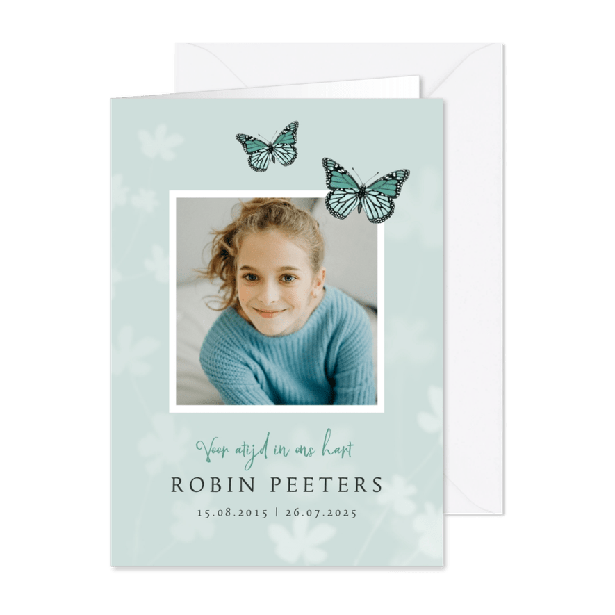 Rouwkaart bidprentje vlinder kind foto jongen of meisje - Kaartimpressie