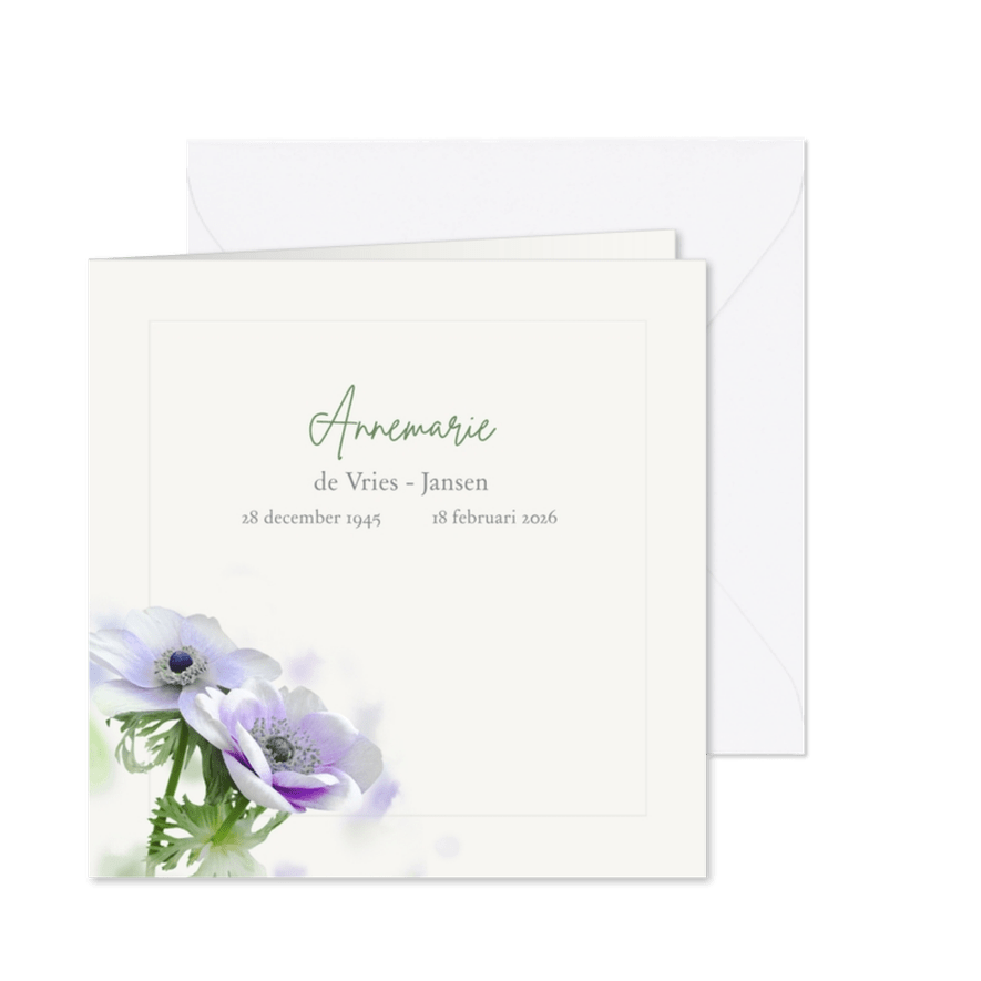 Rouwkaart blauwe Anemonen waterverf - Kaartimpressie