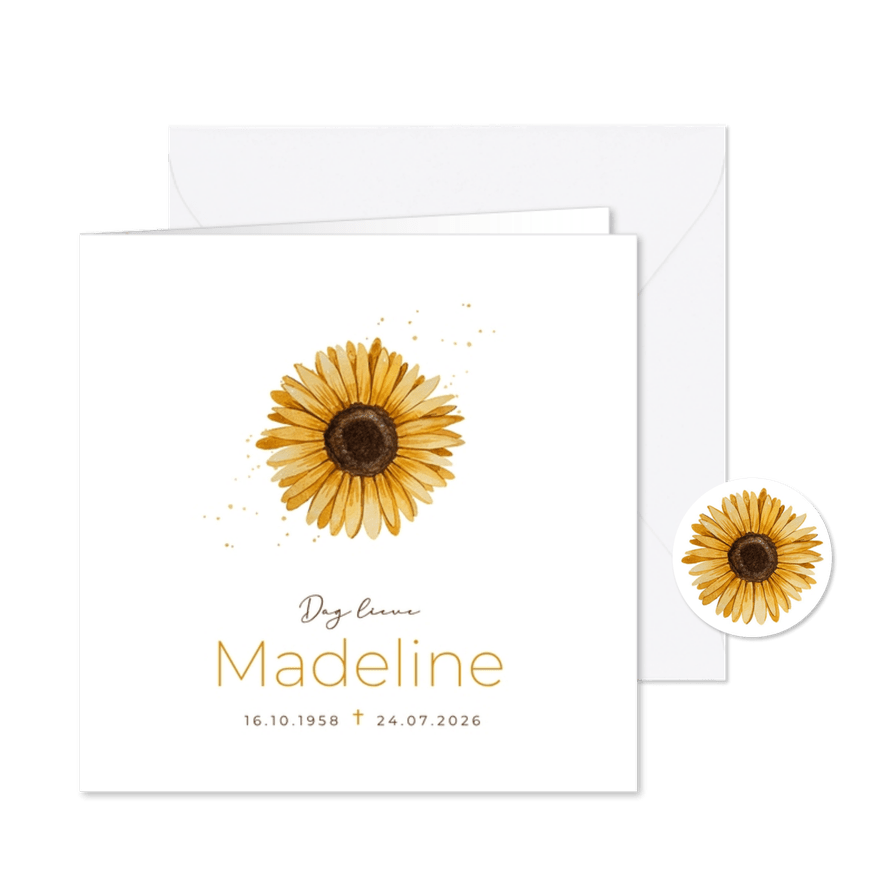 Rouwkaart bloem zonnebloem minimalistisch stijlvol waterverf - Kaartimpressie