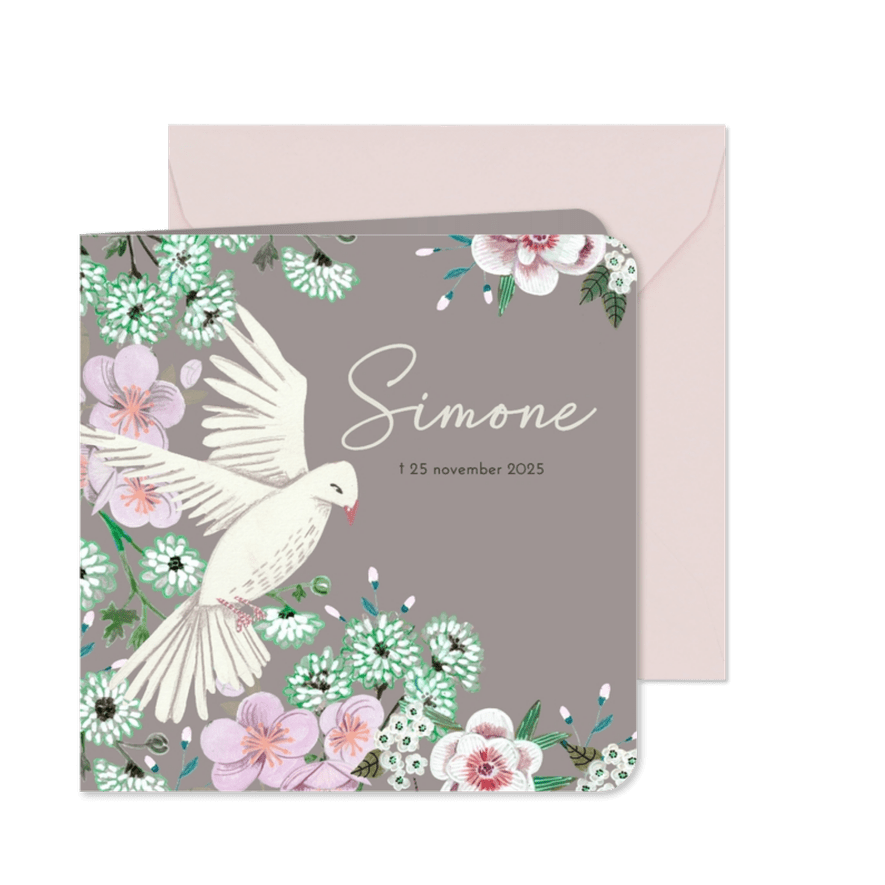 Rouwkaart bloemen met duif - Kaartimpressie