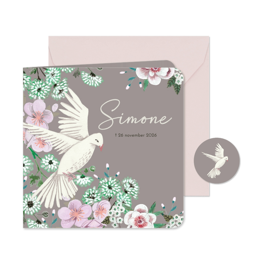 Rouwkaart bloemen met duif - Kaartimpressie