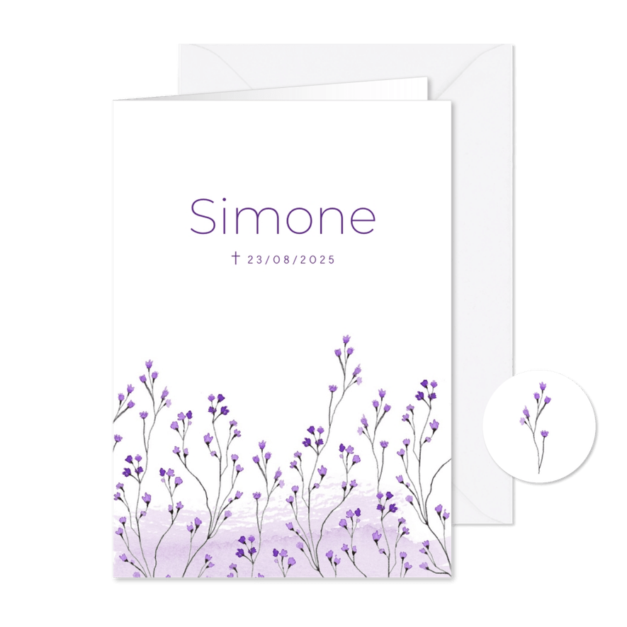 Rouwkaart bloemen paars lavendel waterverf  - Kaartimpressie