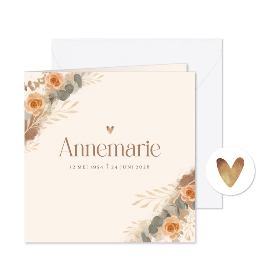 Rouwkaart bloemen stijlvol beige goud - Kaartimpressie