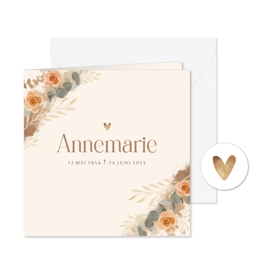 Rouwkaart bloemen stijlvol beige goud - Kaartimpressie