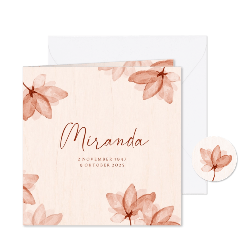 Rouwkaart bloemen stijlvol hout waterverf bloesem - Kaartimpressie