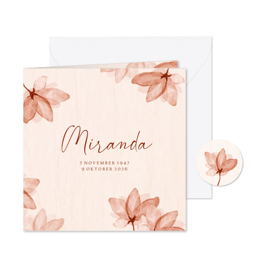 Rouwkaart bloemen stijlvol hout waterverf bloesem - Kaartimpressie