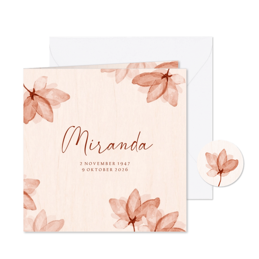 Rouwkaart bloemen stijlvol hout waterverf bloesem - Kaartimpressie