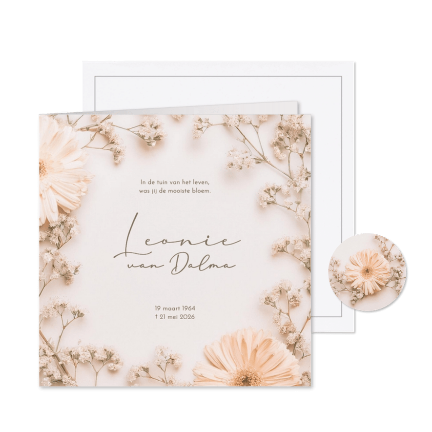 Rouwkaart bloemetjes kader en gipskruid - Kaartimpressie