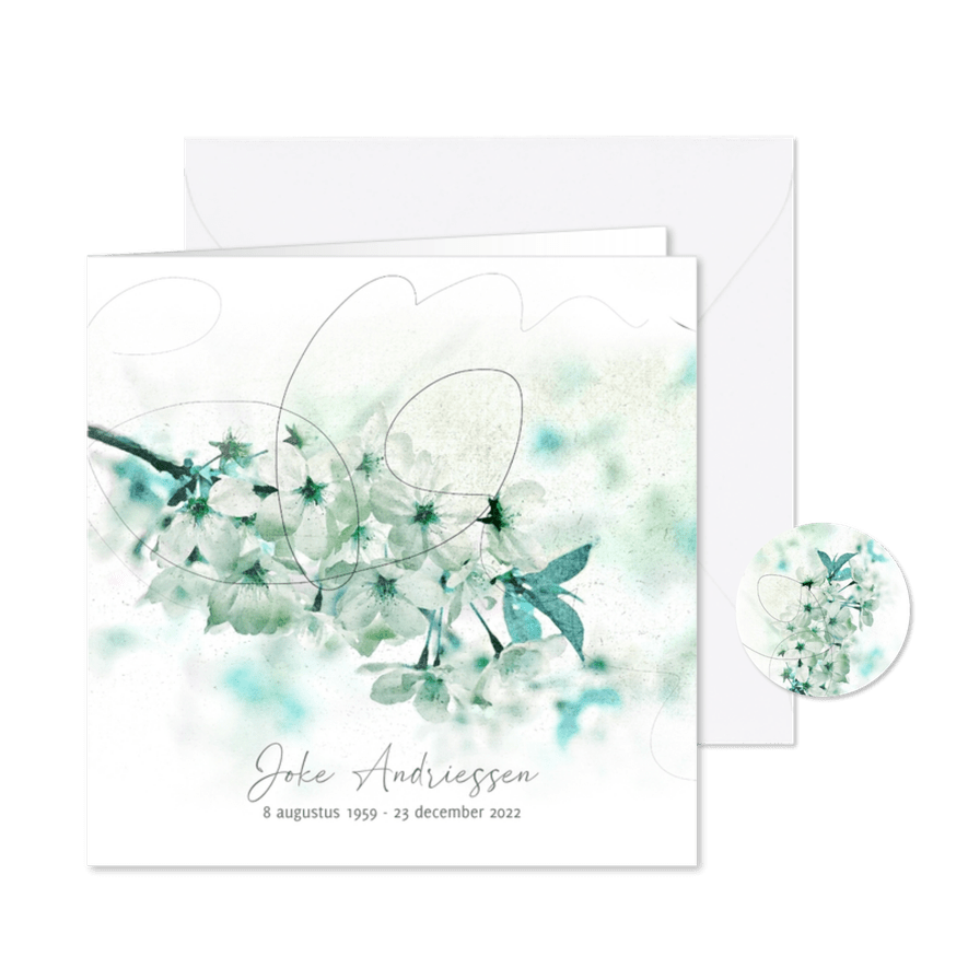 Rouwkaart bloesem wit blauw afscheid - Kaartimpressie