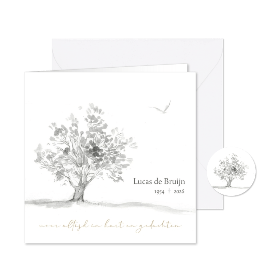 Rouwkaart boom met wegvliegende vogel - Kaartimpressie