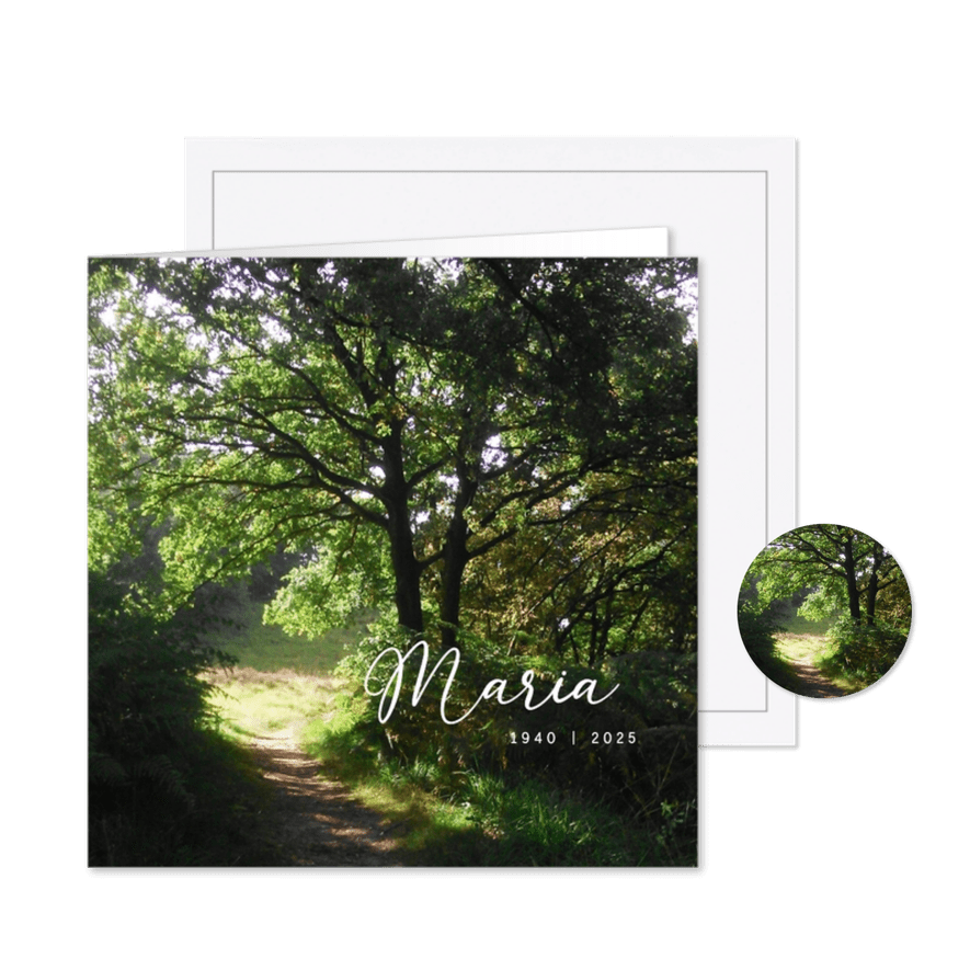 rouwkaart bospad in zon bedankt - Kaartimpressie