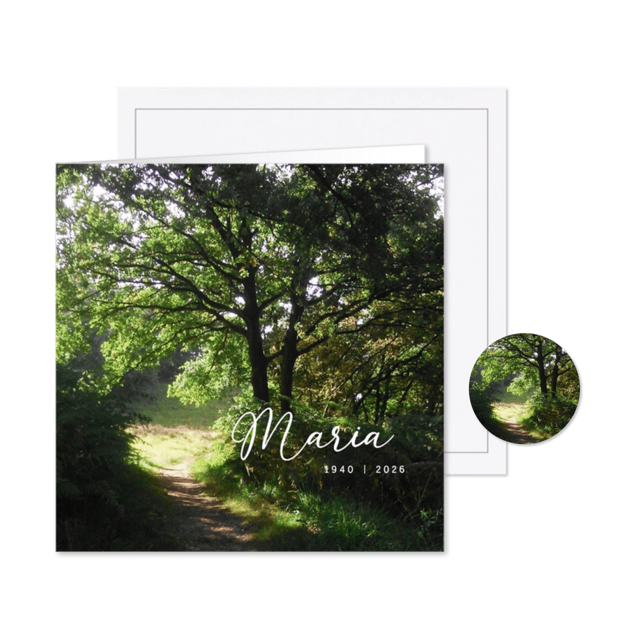 rouwkaart bospad in zon bedankt - Kaartimpressie