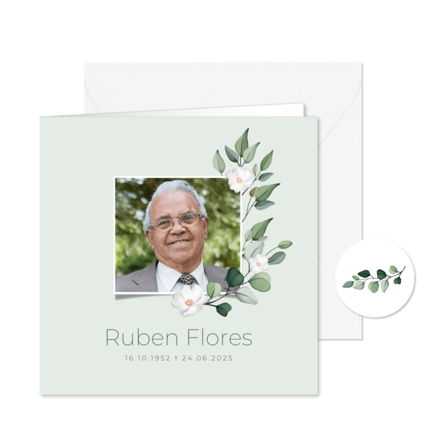 Rouwkaart botanisch witte bloemetjes foto afscheid - Kaartimpressie
