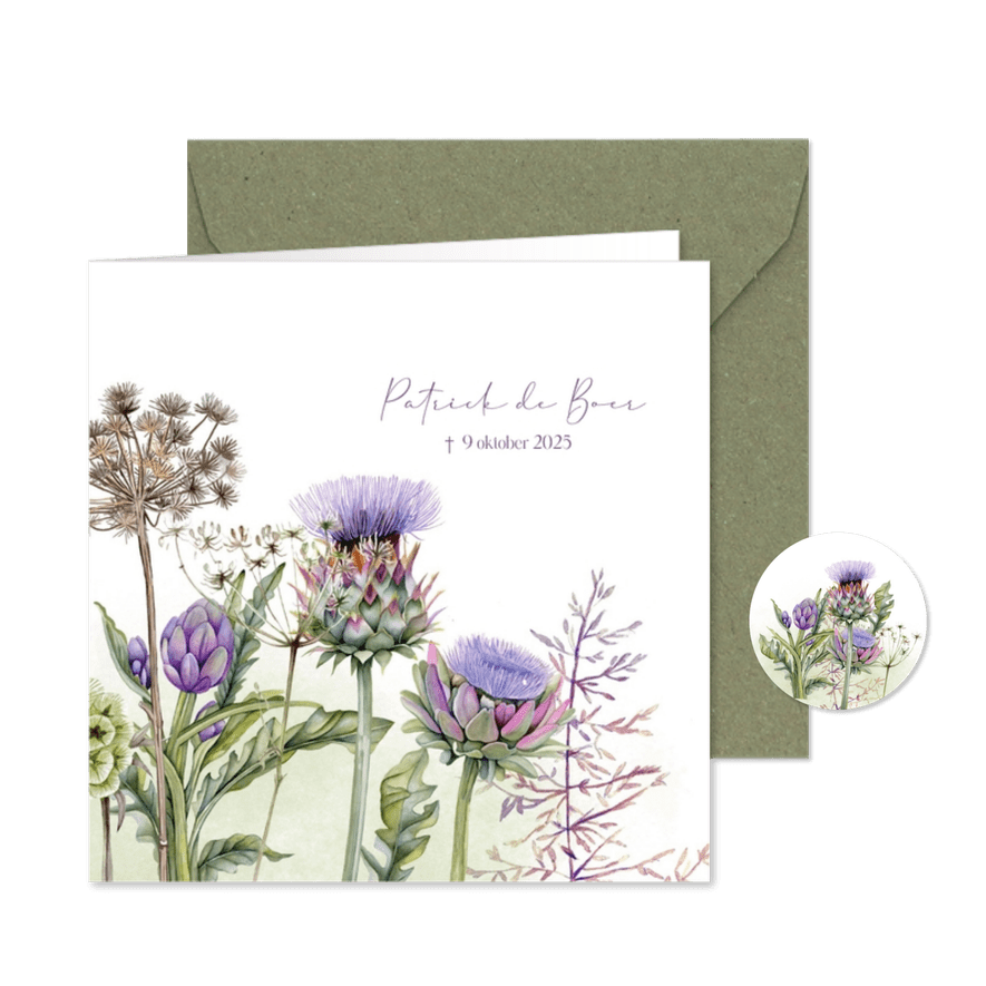 Rouwkaart botanische artisjokbloemen takken - Kaartimpressie