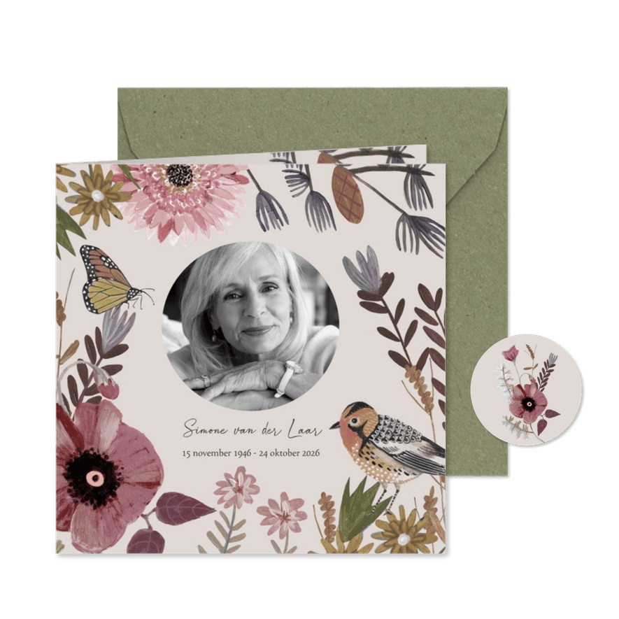 Rouwkaart botanische bloemen met vlinder en vogel - Kaartimpressie