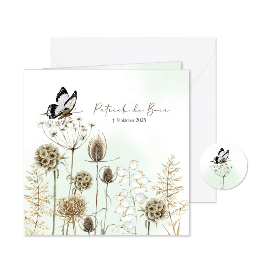 Rouwkaart botanische takken vlinder - Kaartimpressie