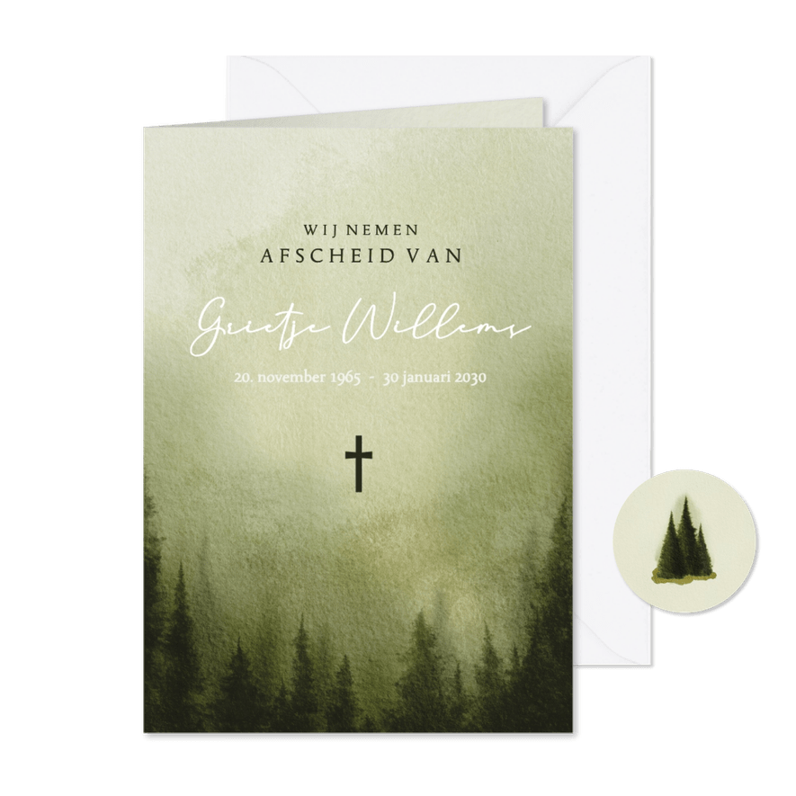 Rouwkaart dennenbos waterverf donkergroen landschap - Kaartimpressie