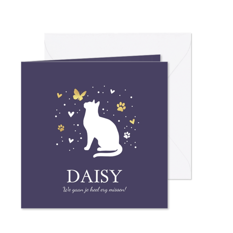 Rouwkaart dieren katten poes met vlinder en hartje - Kaartimpressie
