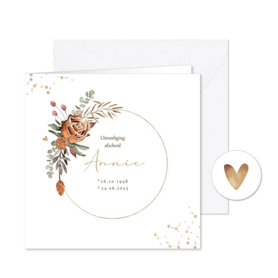 Rouwkaart droogbloemen roos eucalyptus goud stijlvol - Kaartimpressie