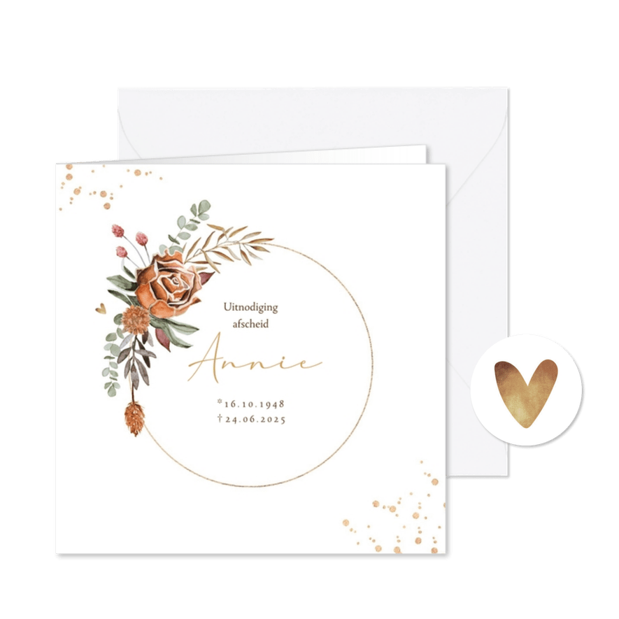 Rouwkaart droogbloemen roos eucalyptus goud stijlvol - Kaartimpressie