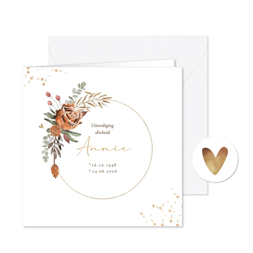 Rouwkaart droogbloemen roos eucalyptus goud stijlvol - Kaartimpressie