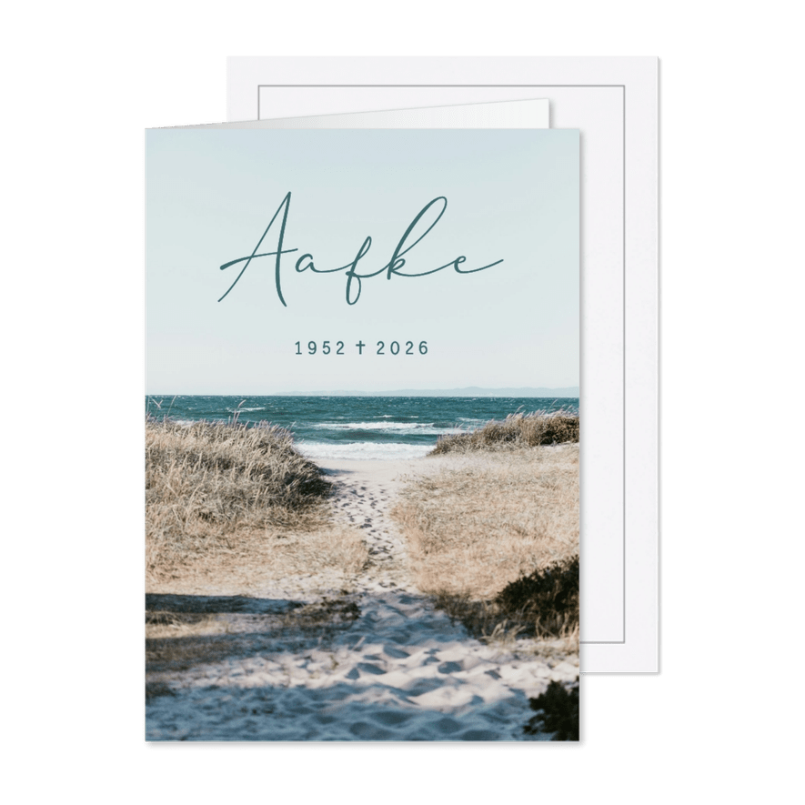 Rouwkaart duinen strand zee turquoise tint - Kaartimpressie