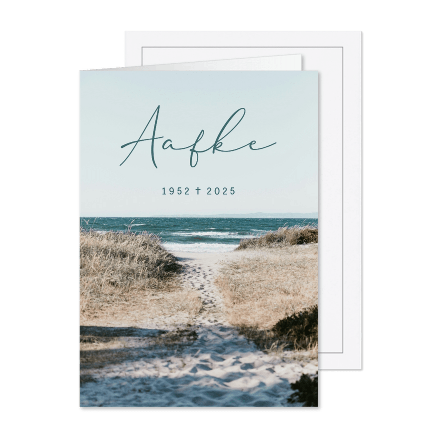 Rouwkaart duinen strand zee turquoise tint - Kaartimpressie