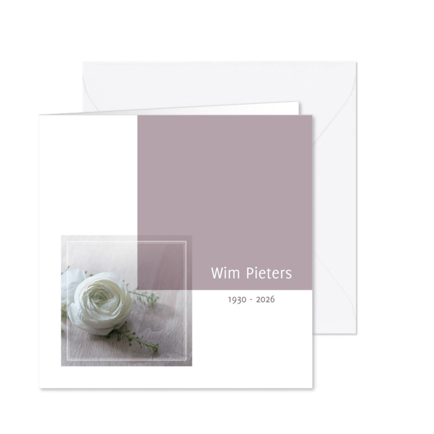 rouwkaart foto witte roos - Kaartimpressie