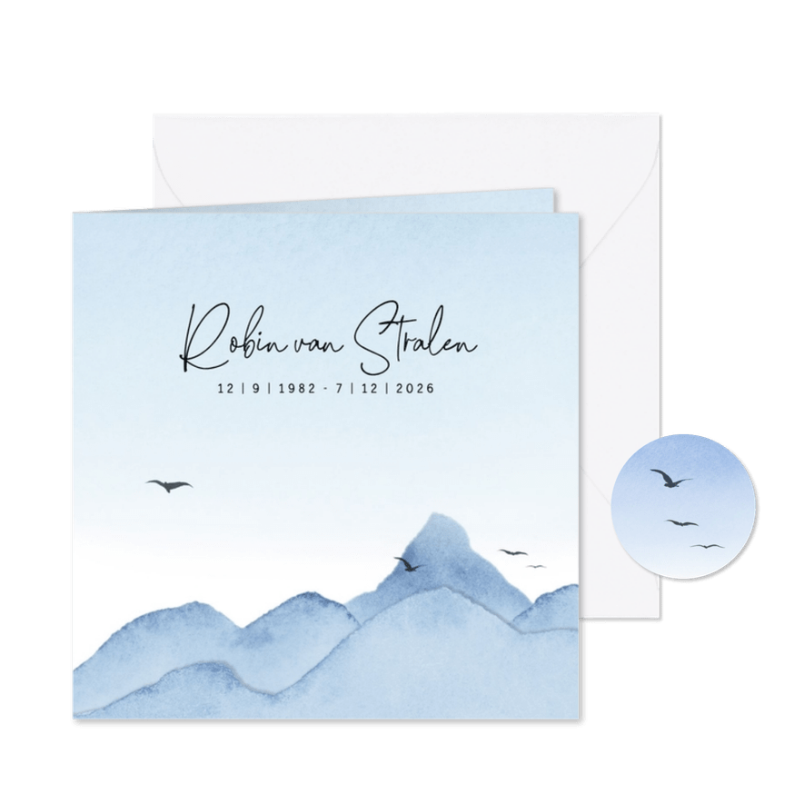 Rouwkaart genderneutraal aquarel berglandschap met vogels - Kaartimpressie