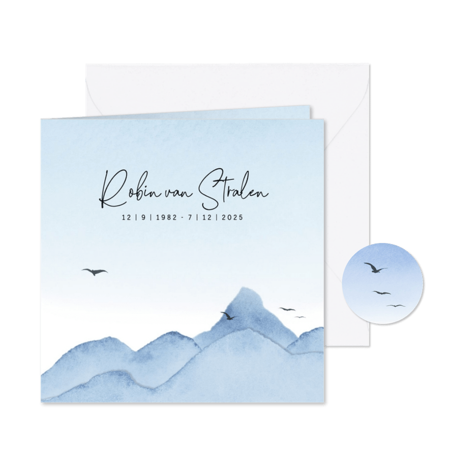 Rouwkaart genderneutraal aquarel berglandschap met vogels - Kaartimpressie