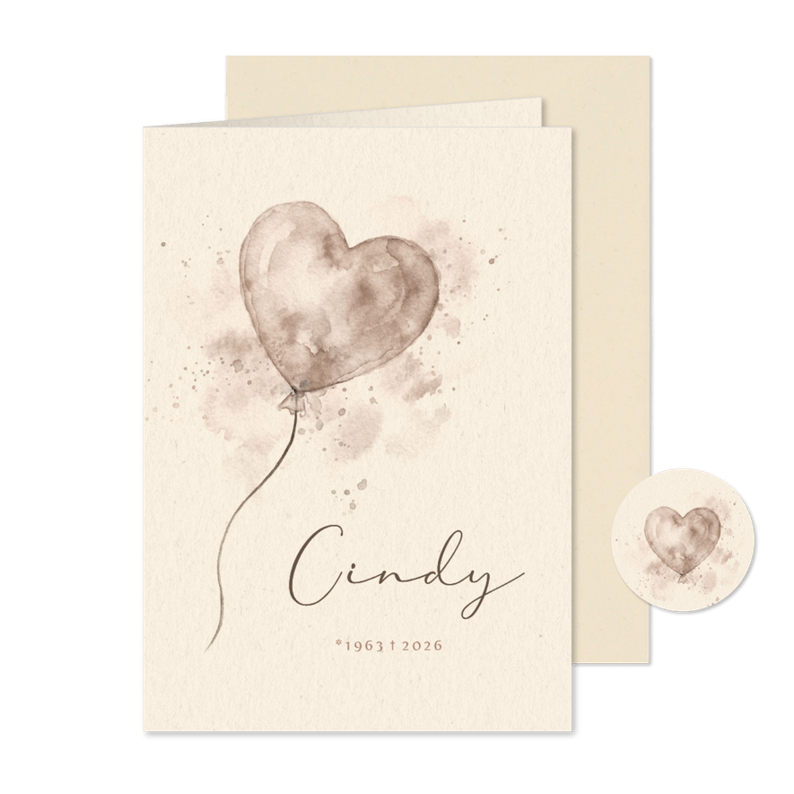 Rouwkaart hart ballon aquarel beige - Kaartimpressie